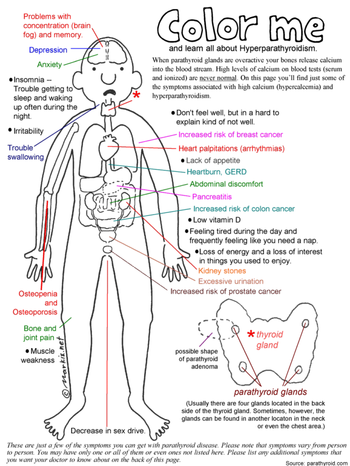 Cartoon of Parathyroid Symptoms and Hyperparathyroidism.